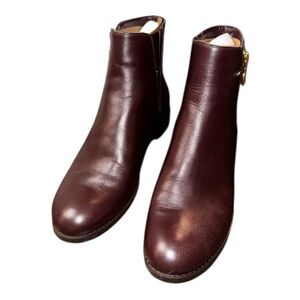 Michael Kors Lainey Leather Flat Ankle Boot Gold Zip Dark Rich Brown Size 7.5